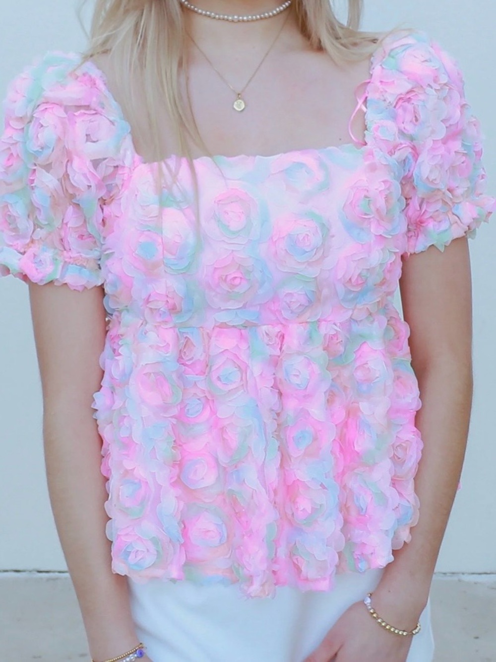 Fab’rik Pastel Pink Puff Sleeve Floral Appliqué Top